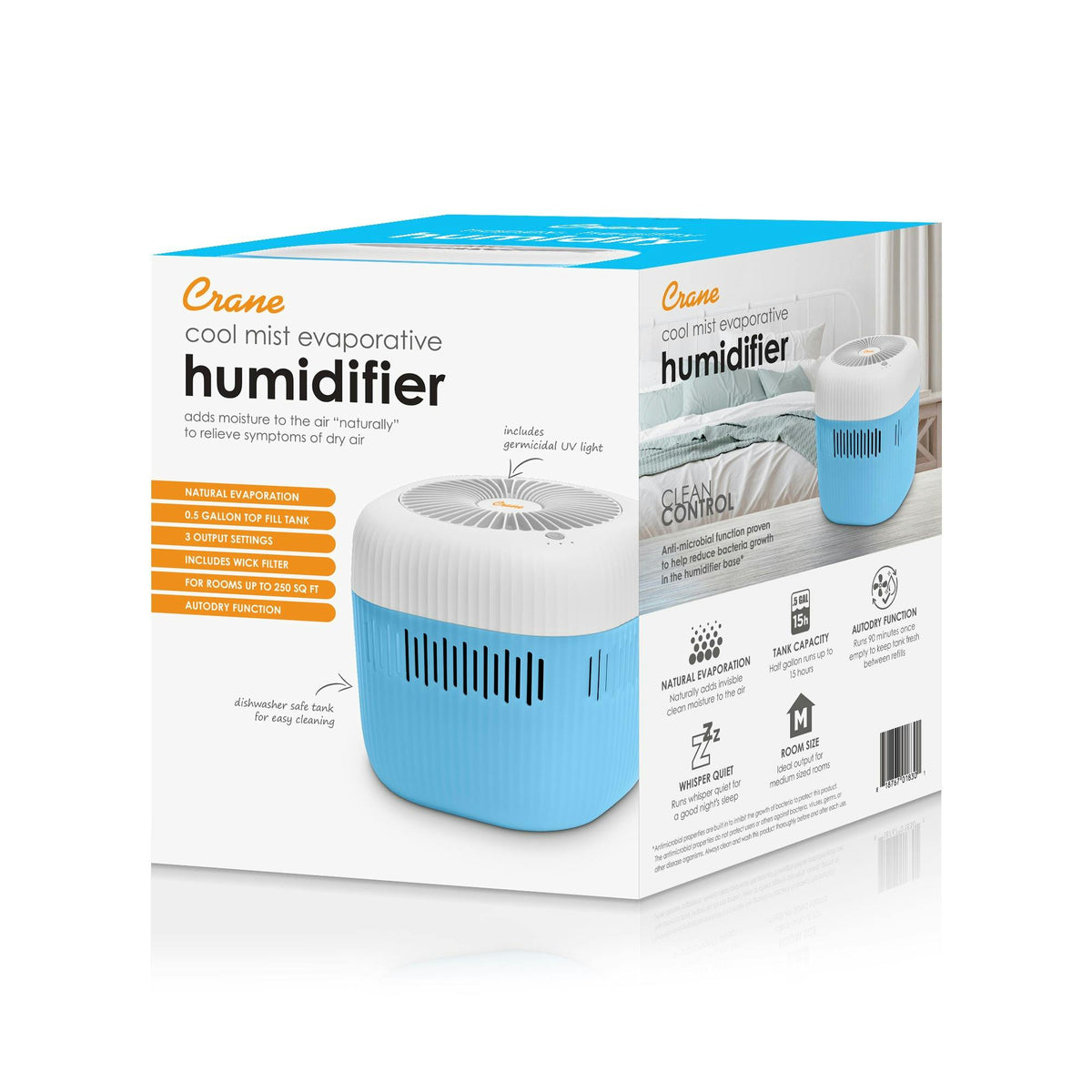 Evaporative Humidifier, Cool Mist 0.5 Gal Top Fill, UV Light, Wick Filter