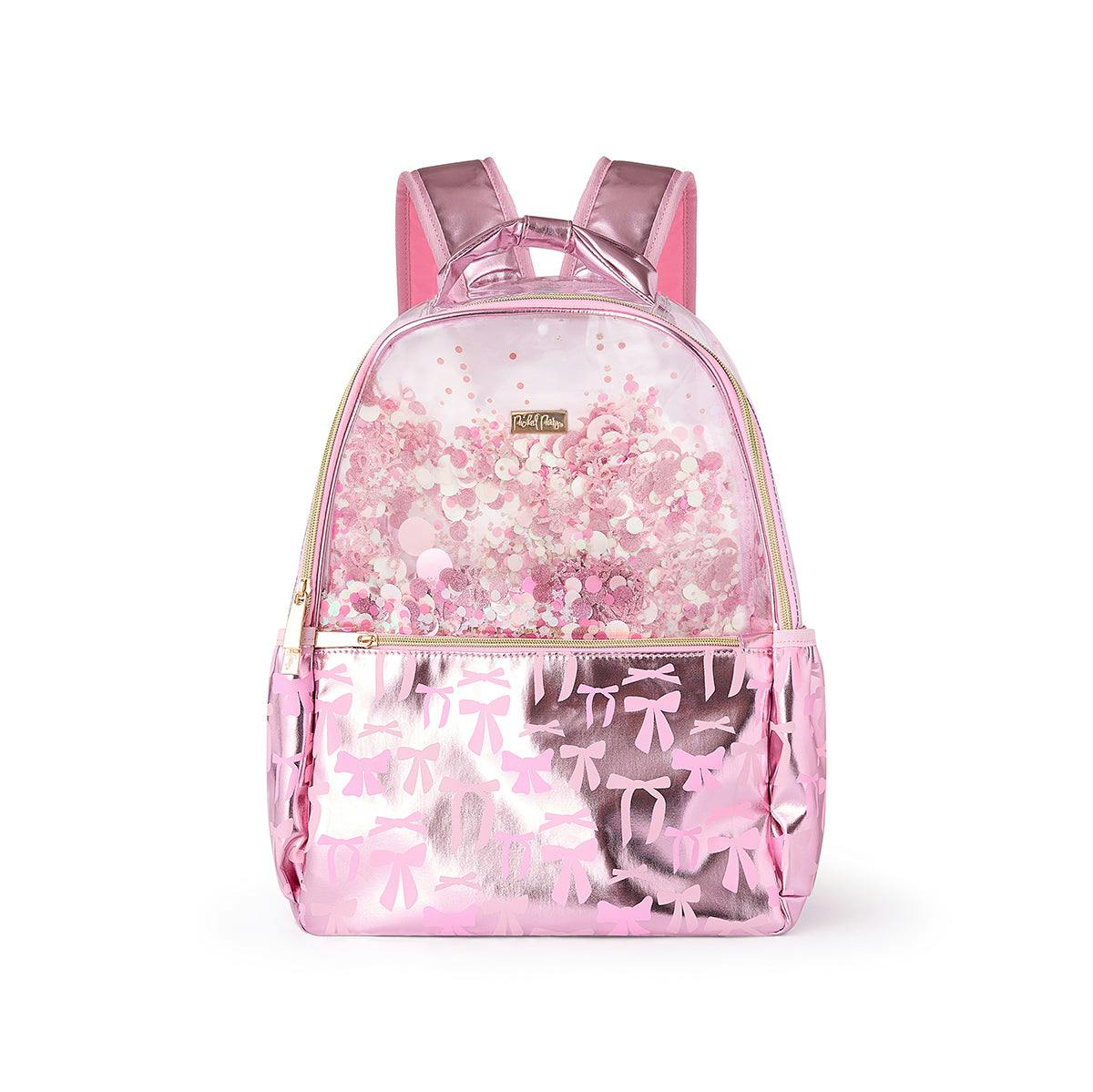 Pink Bow Confetti Clear Backpack by Packed Party | 17" Cute Backpack for Adults