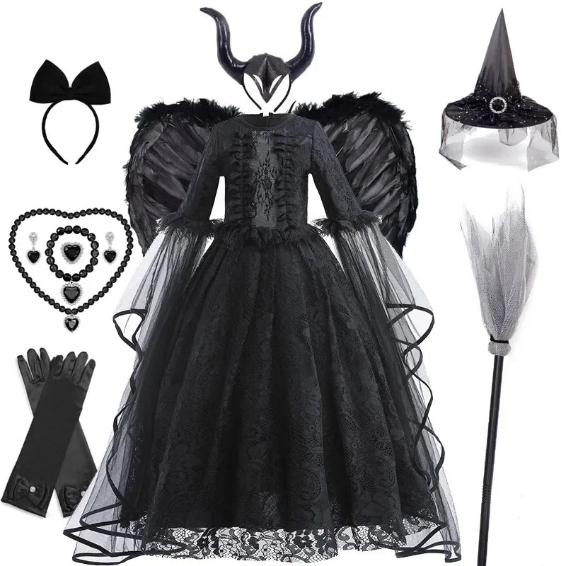 Girls' Witch Queen Halloween Costume Dress with Lace Ruffles