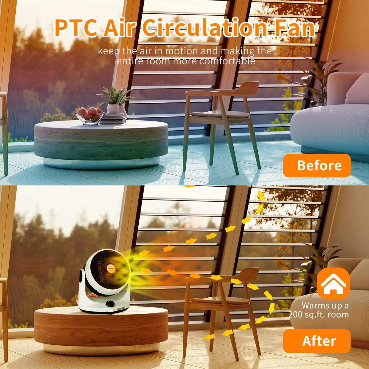 1500W Electric Space Heater, Circulation Fan, PTC Ceramic Heating, Overheat Protection for Indoor Rooms and Covered Patios