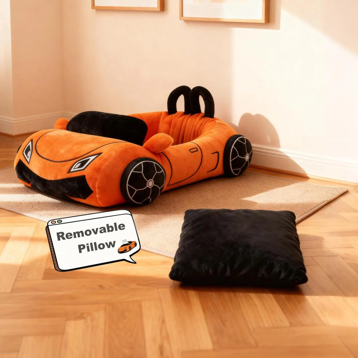 Sports Car Pet Bed - Plush Cat and Small Dog Bed with Cushion