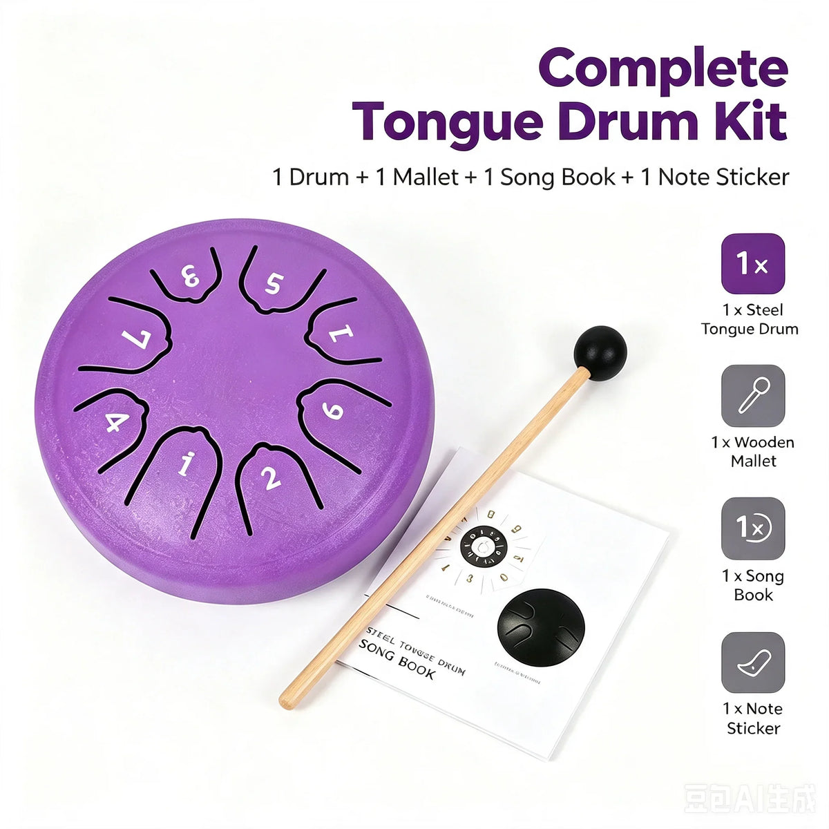 8-Note Steel Tongue Drum with Mallet and Songbook - 4.5 Inch Mini Handpan