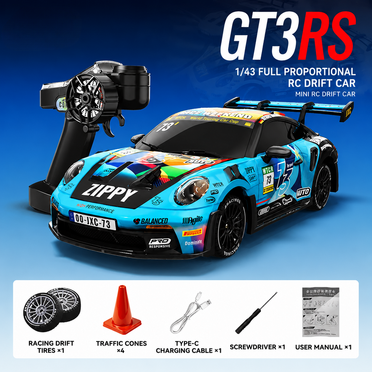 1:43 Scale RTR 4WD High-Speed GT3 RS RC Race Car - JX02