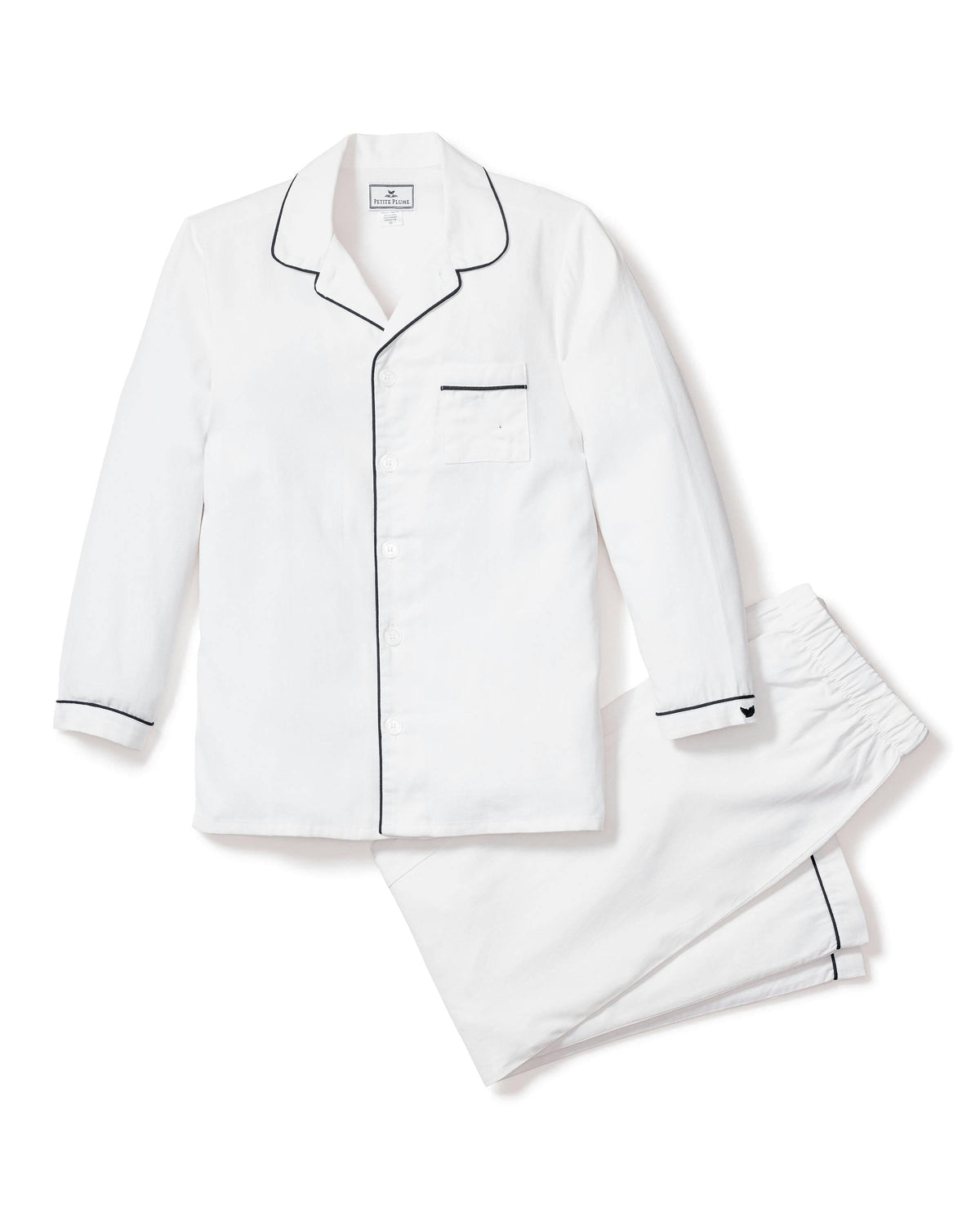 Kid's Twill Pajama Set in White with Navy Piping