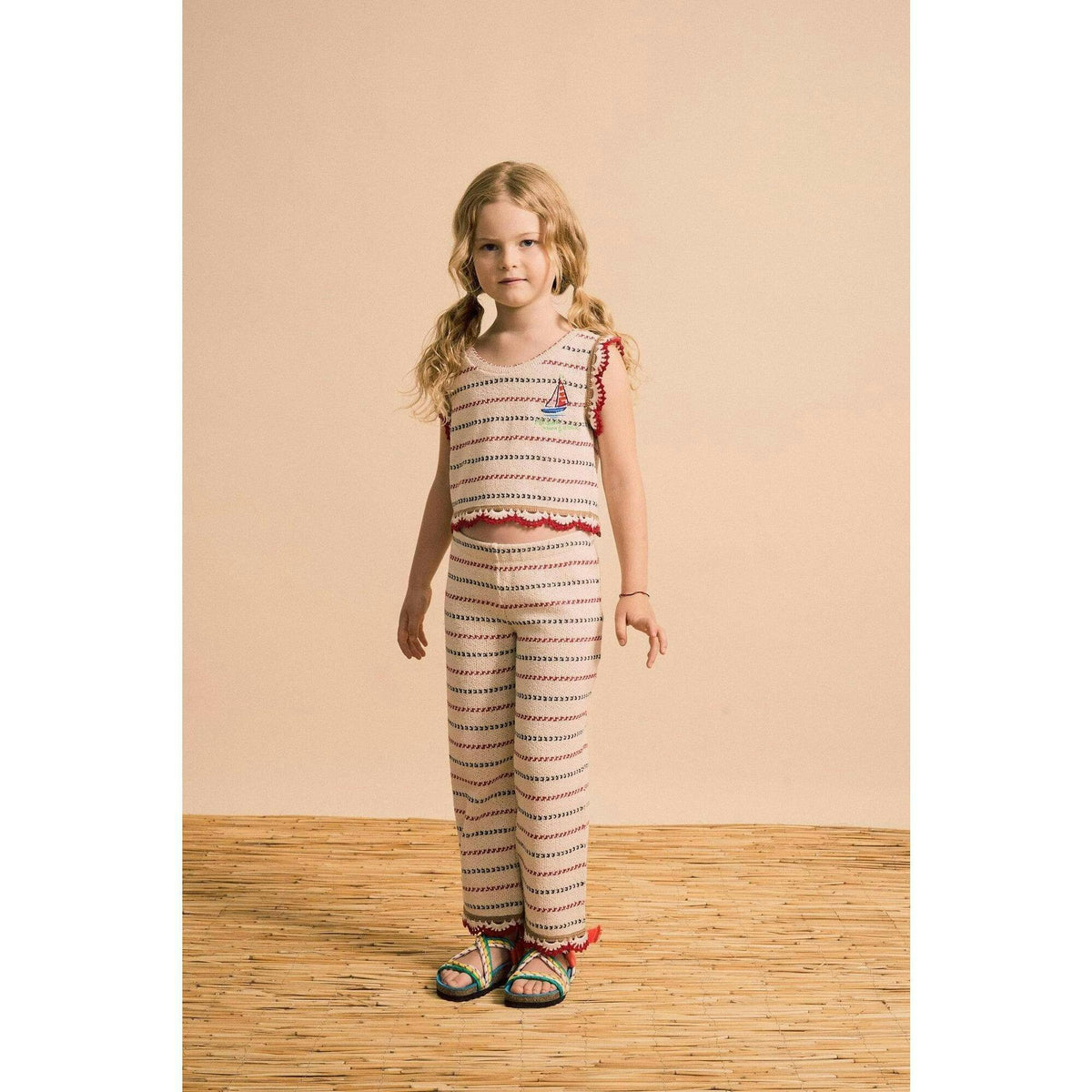 BARCOS KNIT PANTS OFF WHITE / RED