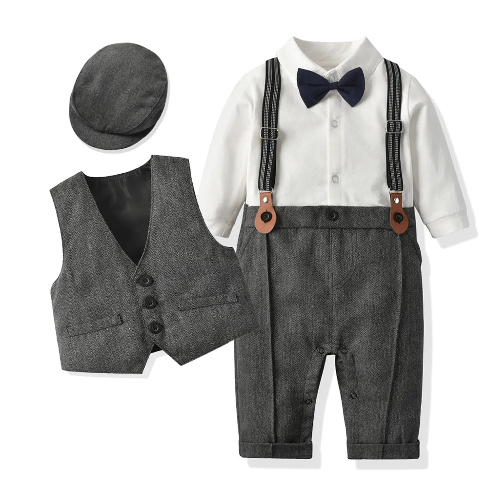 Baby Boys' Formal Gentleman Romper Set with Vest & Hat