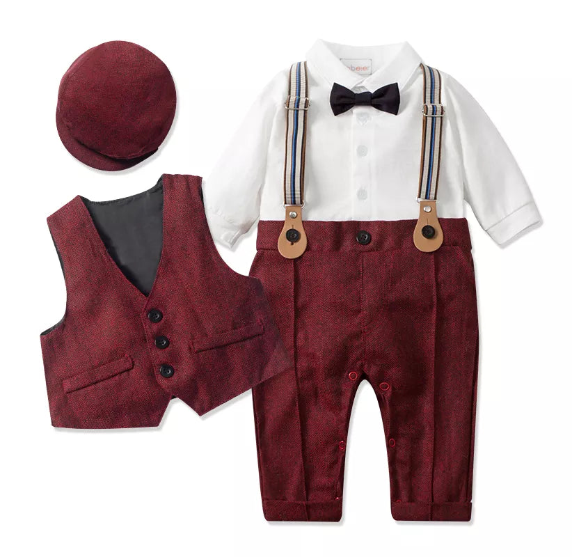 Baby Boys' Formal Gentleman Romper Set with Vest & Hat