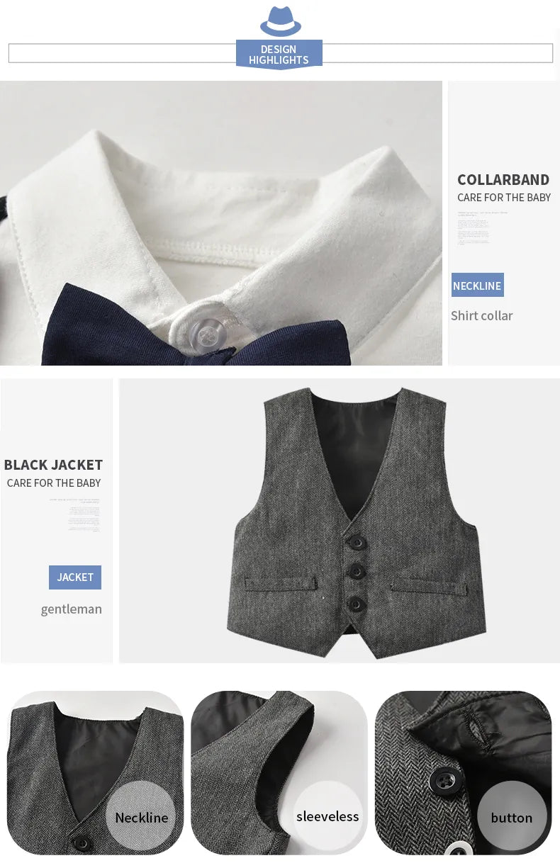 Baby Boys' Formal Gentleman Romper Set with Vest & Hat