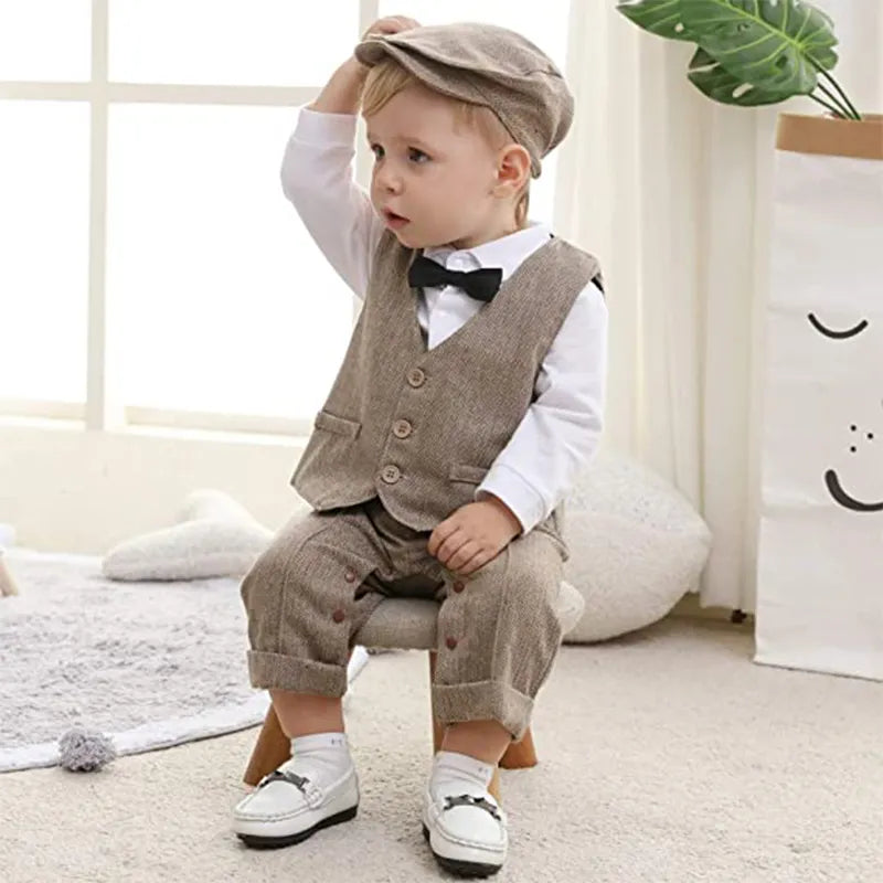 Baby Boys' Formal Gentleman Romper Set with Vest & Hat