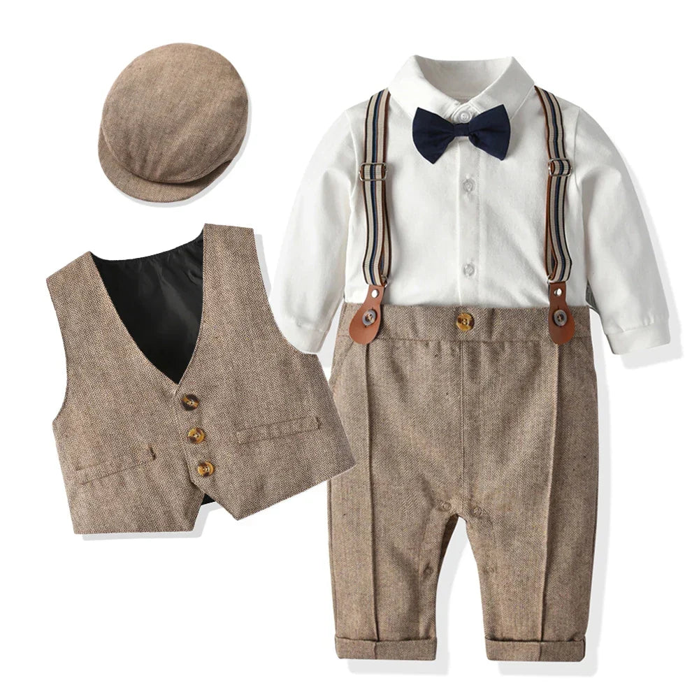 Baby Boys' Formal Gentleman Romper Set with Vest & Hat