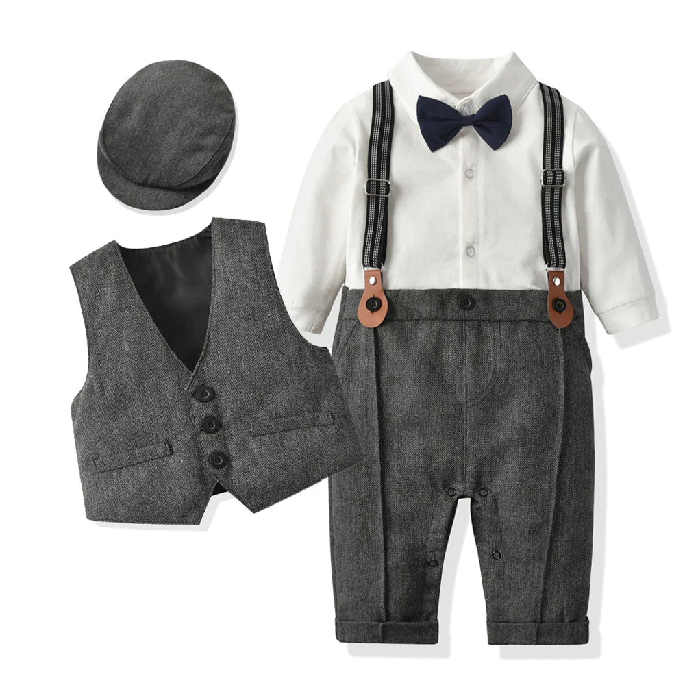 Baby Boys' Formal Gentleman Romper Set with Vest & Hat