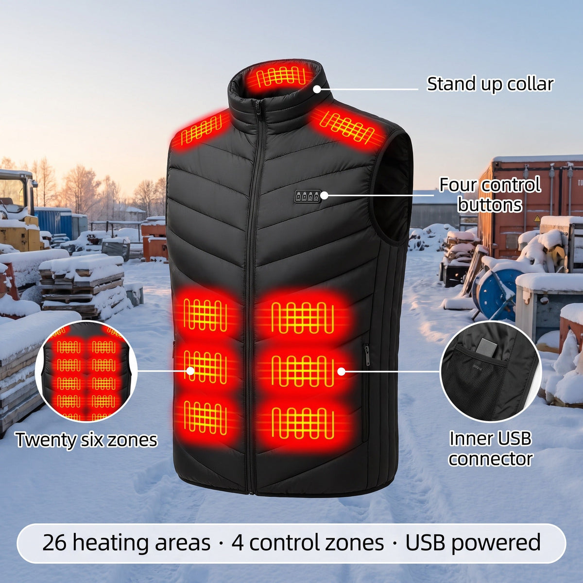 4 Zone Control Heated Vest 26 Heating Panels USB Men's Work Gilet
