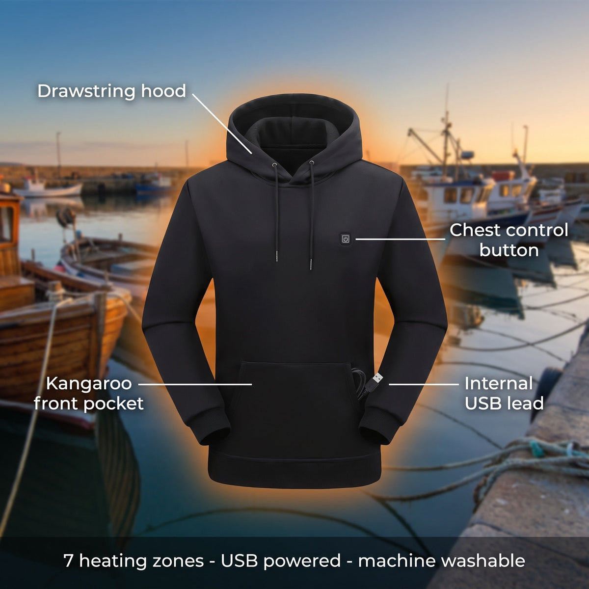 Fleece Lined USB Heated Hoodie 7 Zones Kangaroo Pocket Sweatshirt