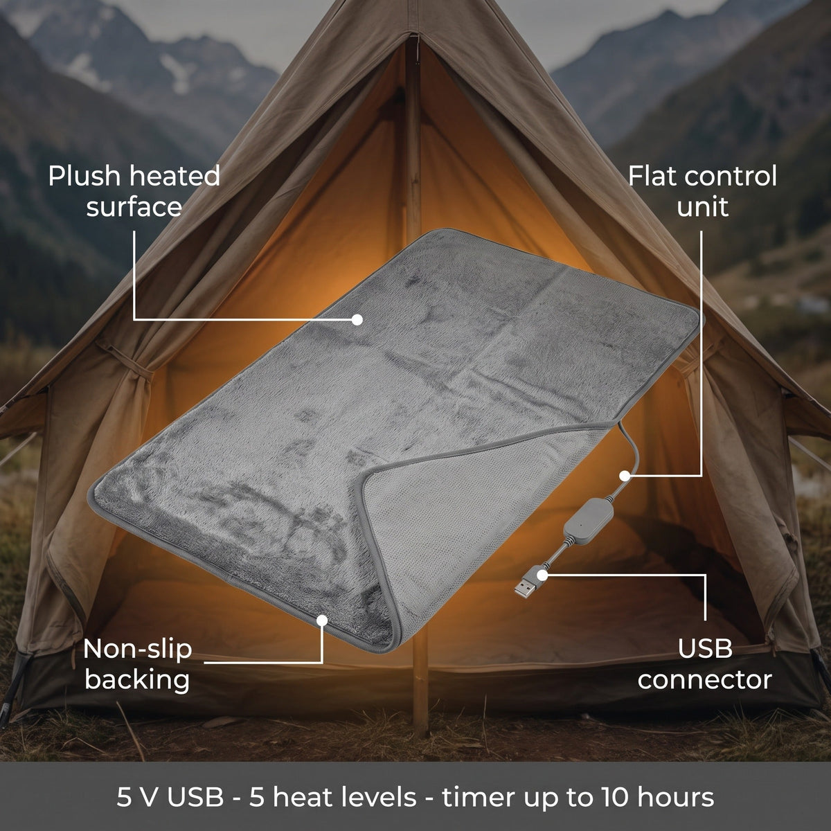 USB Heated Sleeping Bag Pad 5 Heat Levels 10 Hour Timer Bed Warmer