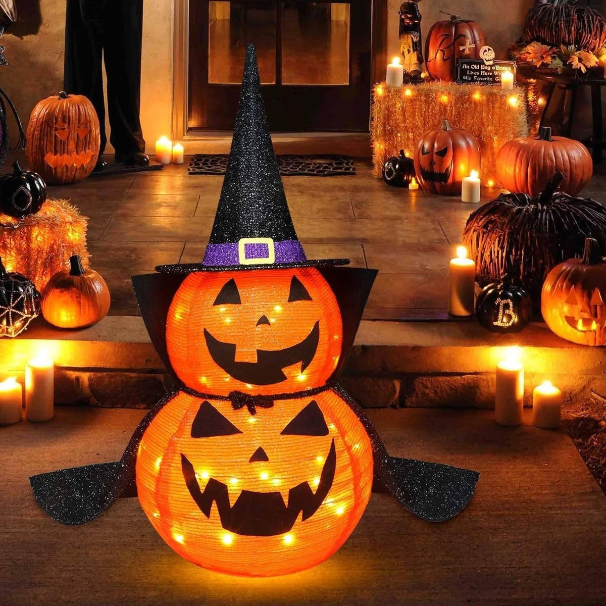 Halloween Pumpkin Decoration Lighted Stacked Jack-O'-Lantern With Witch Hat And Cape For Spooky Outdoor Decor