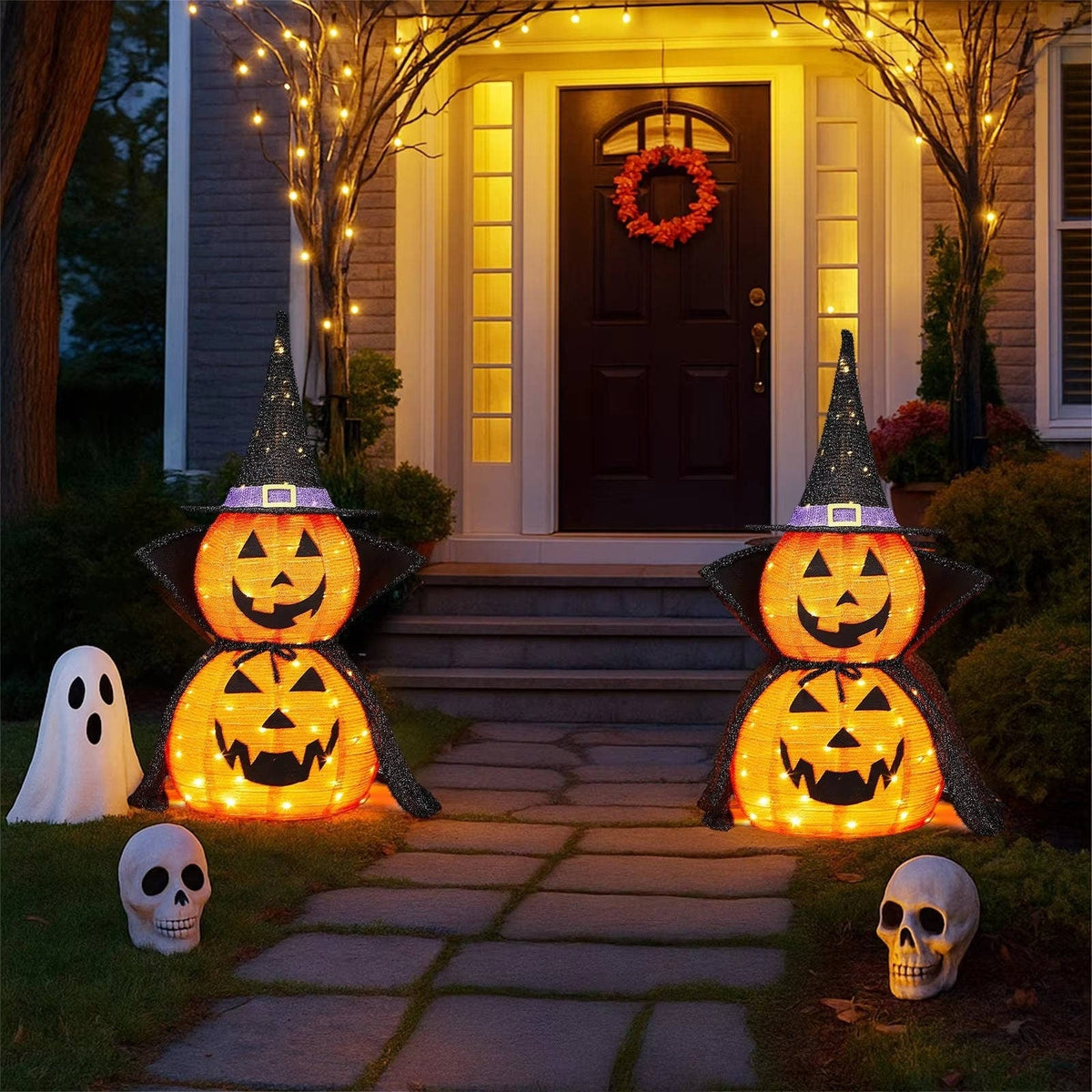 Halloween Pumpkin Decoration Lighted Stacked Jack-O'-Lantern With Witch Hat And Cape For Spooky Outdoor Decor