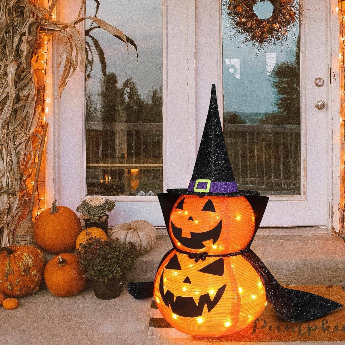 Halloween Pumpkin Decoration Lighted Stacked Jack-O'-Lantern With Witch Hat And Cape For Spooky Outdoor Decor
