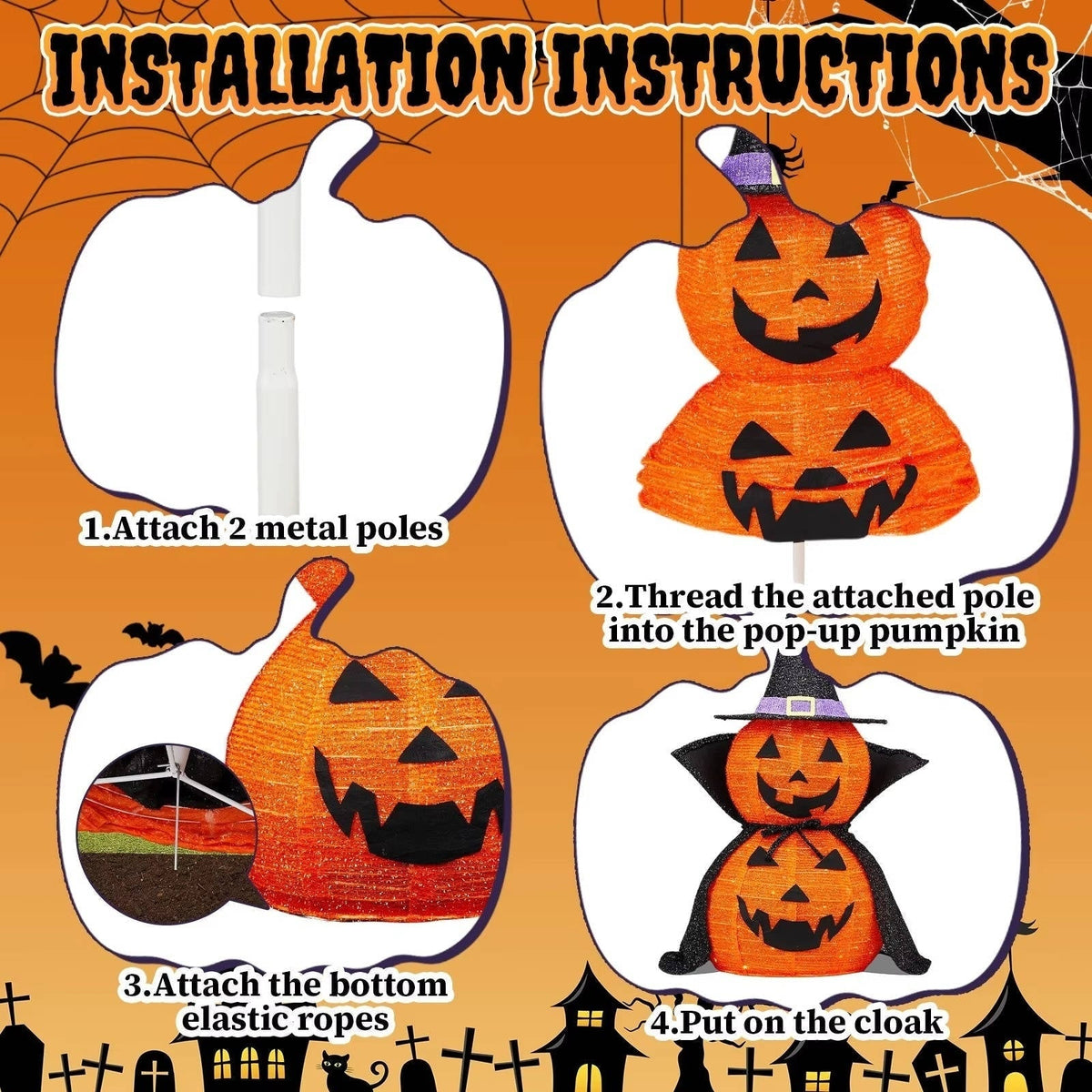 Halloween Pumpkin Decoration Lighted Stacked Jack-O'-Lantern With Witch Hat And Cape For Spooky Outdoor Decor