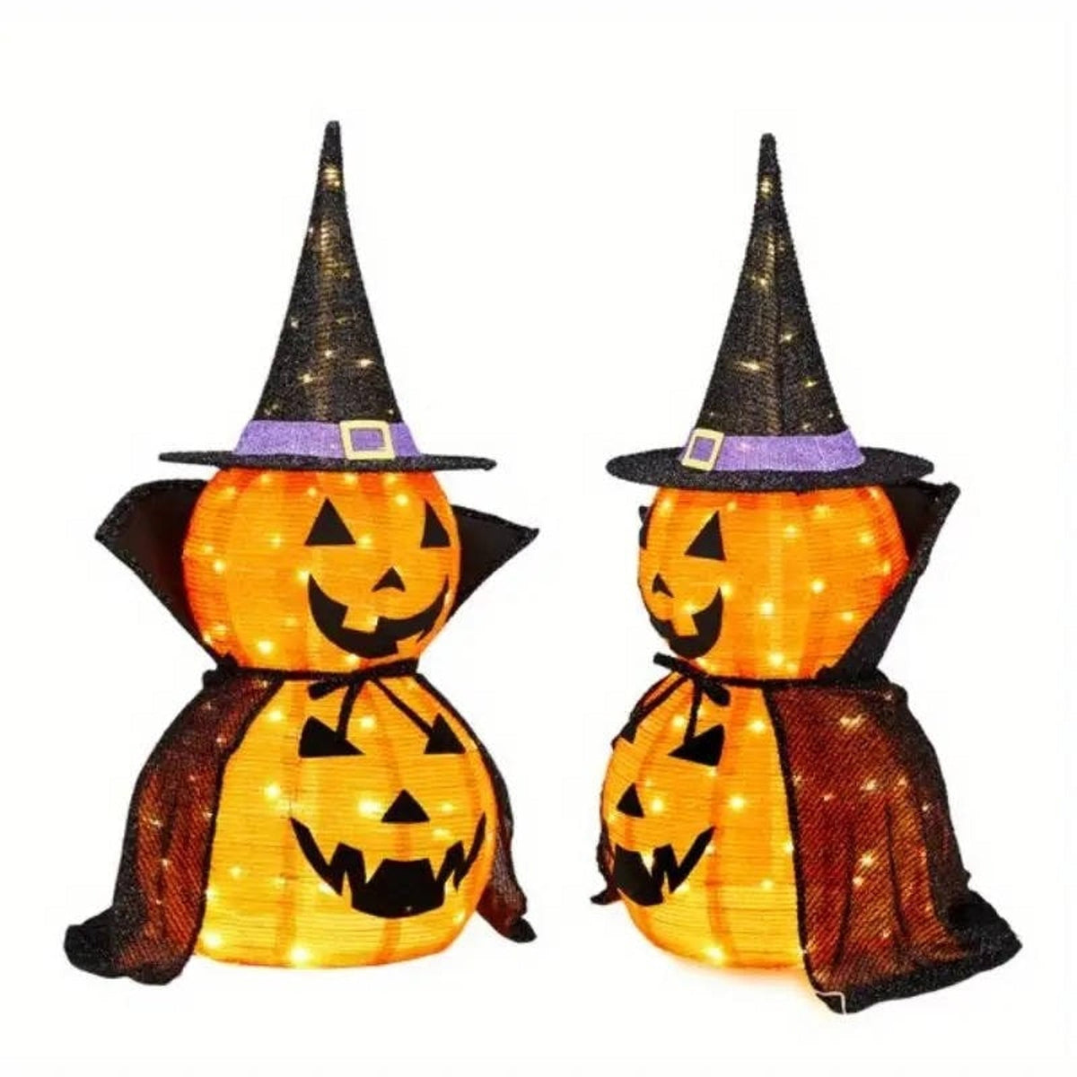 Halloween Pumpkin Decoration Lighted Stacked Jack-O'-Lantern With Witch Hat And Cape For Spooky Outdoor Decor