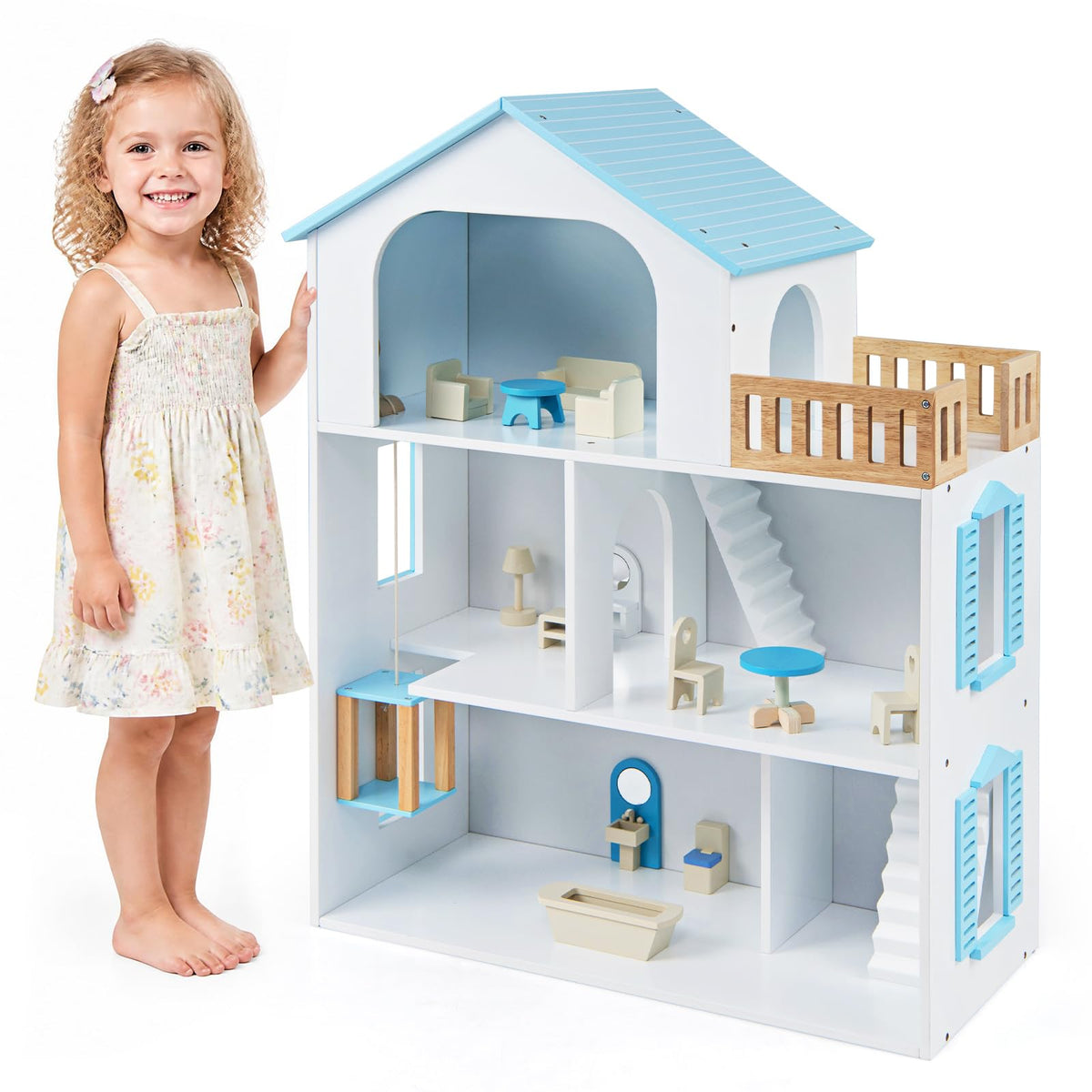 Costzon Wooden Dollhouse with 5 Rooms and Furniture Accessories