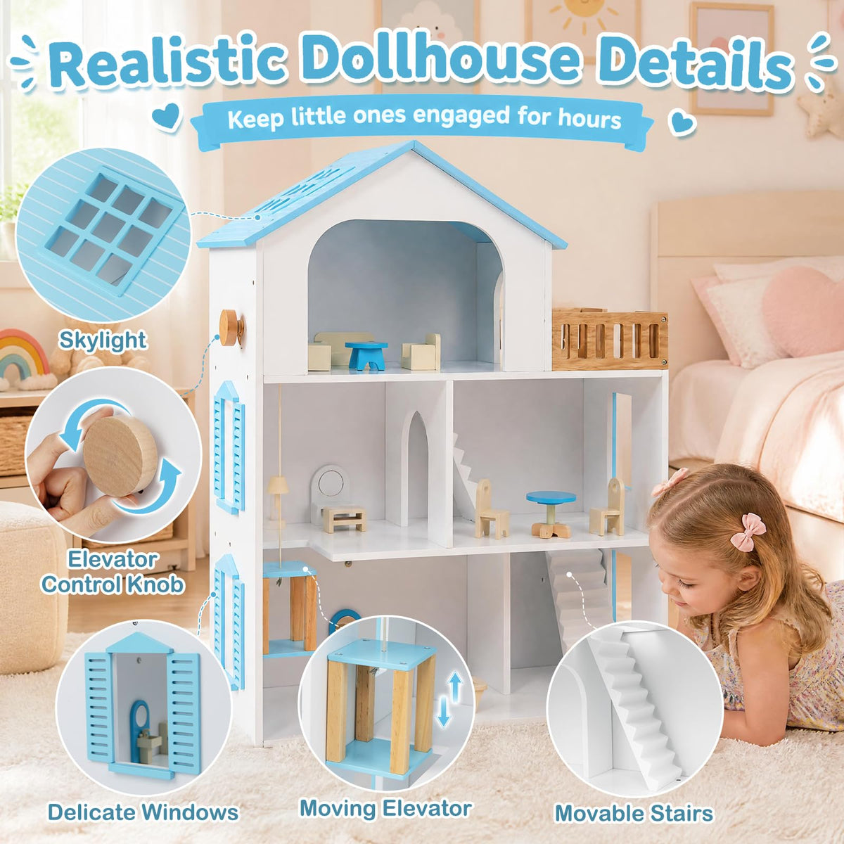 Costzon Wooden Dollhouse with 5 Rooms and Furniture Accessories