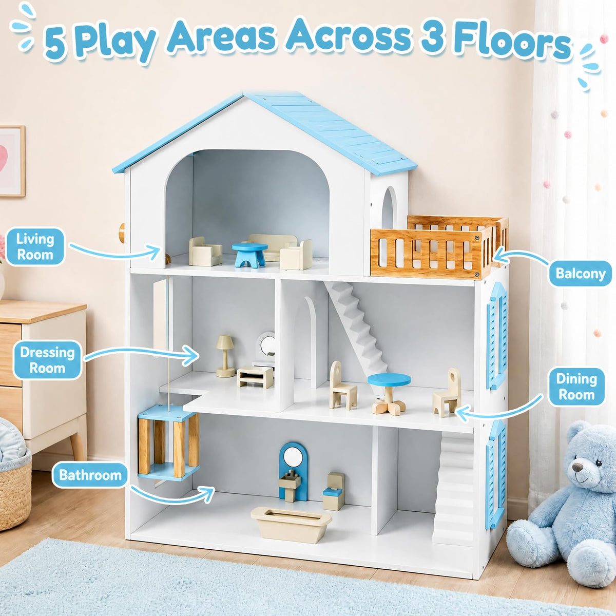 Costzon Wooden Dollhouse with 5 Rooms and Furniture Accessories