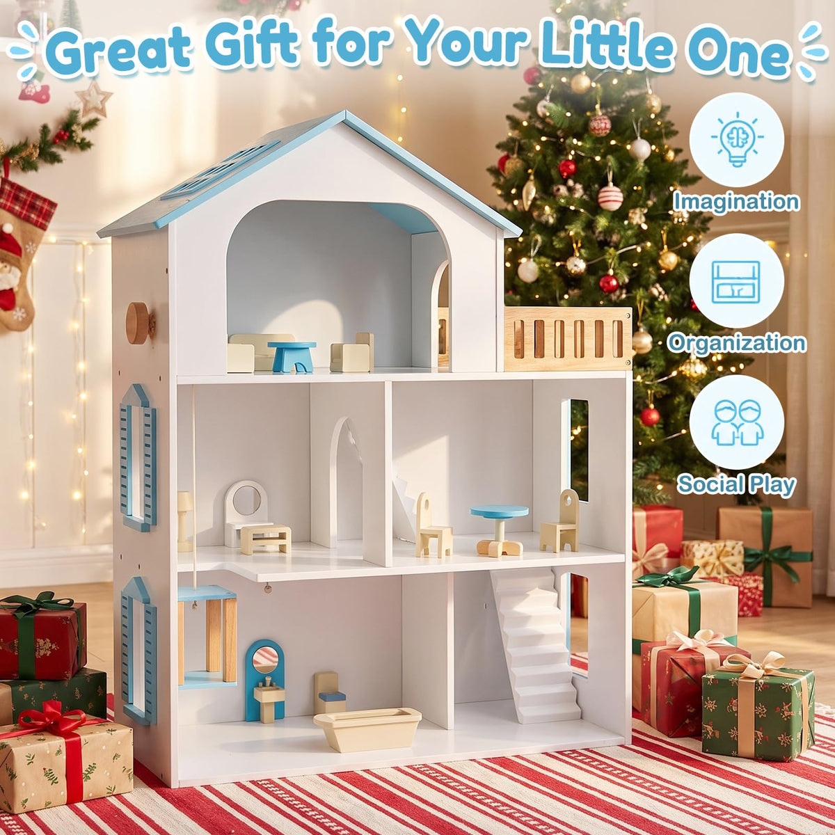 Costzon Wooden Dollhouse with 5 Rooms and Furniture Accessories