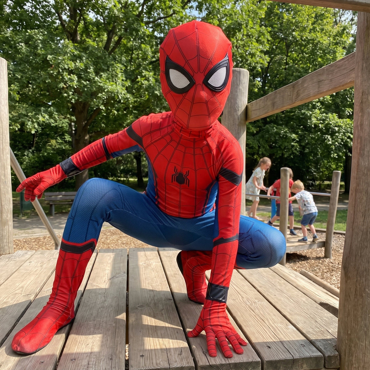Superhero Costume Halloween Full-Body Red And Blue Spider Web Suit With Mask Cosplay Outfit Invisible Back Zipper