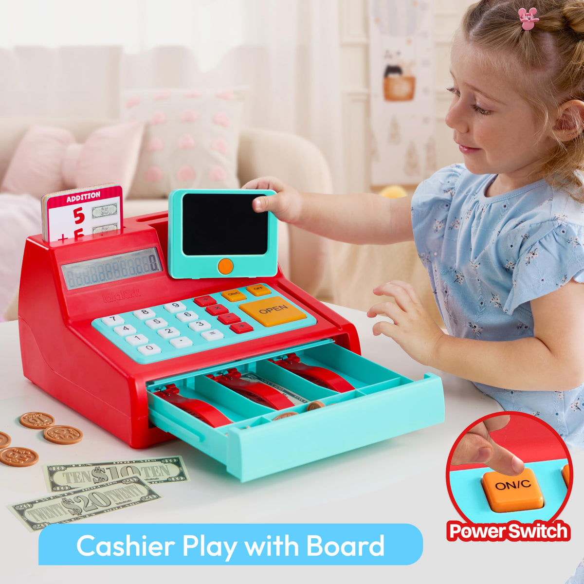 lalalark Kids Cash Register Toy with Play Money, Voice Calculator & Write Erase Pad - Educational Pretend Play Toy for Toddlers 3+