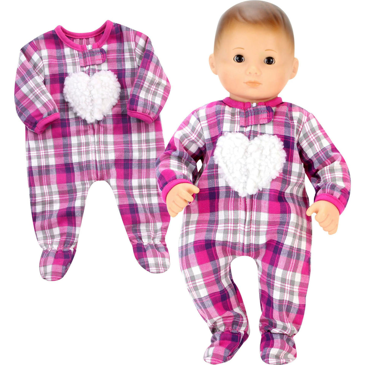 Sophia's Flannel Sleeper with Sherpa Heart for 15'' Baby Dolls, Hot Pink/Purple