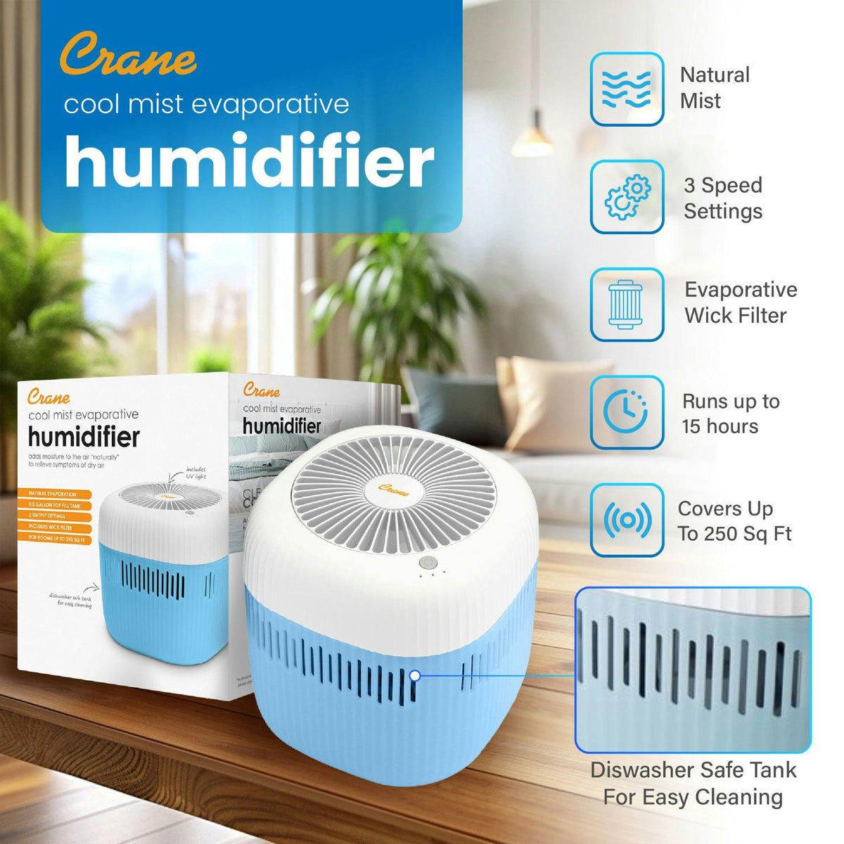 Evaporative Humidifier, Cool Mist 0.5 Gal Top Fill, UV Light, Wick Filter