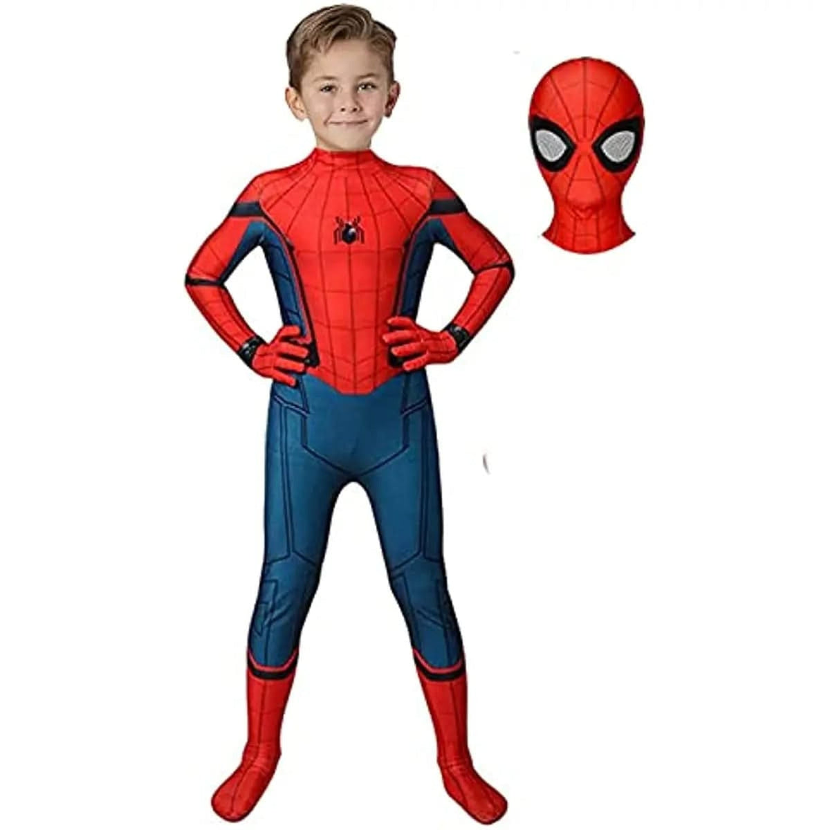 Superhero Costume Halloween Full-Body Red And Blue Spider Web Suit With Mask Cosplay Outfit Invisible Back Zipper