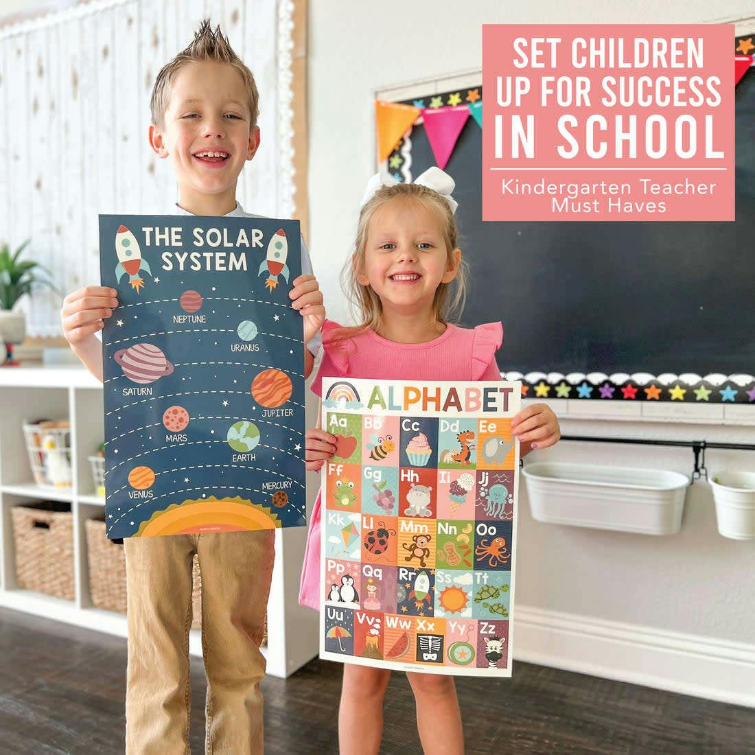 16-Piece Laminated Boho Rainbow Prek & Kindergarten Posters