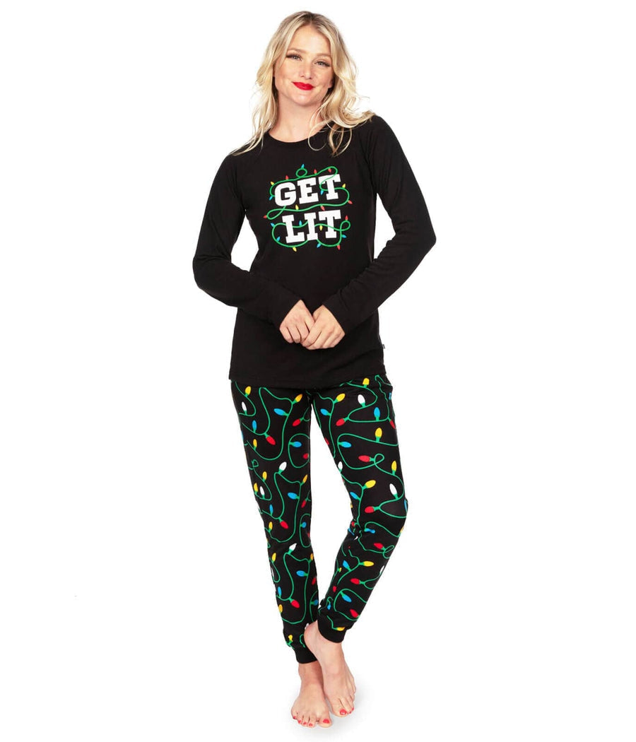 Womens Christmas Lights Pajama Set with Get Lit Top and Colorful Lights Pants