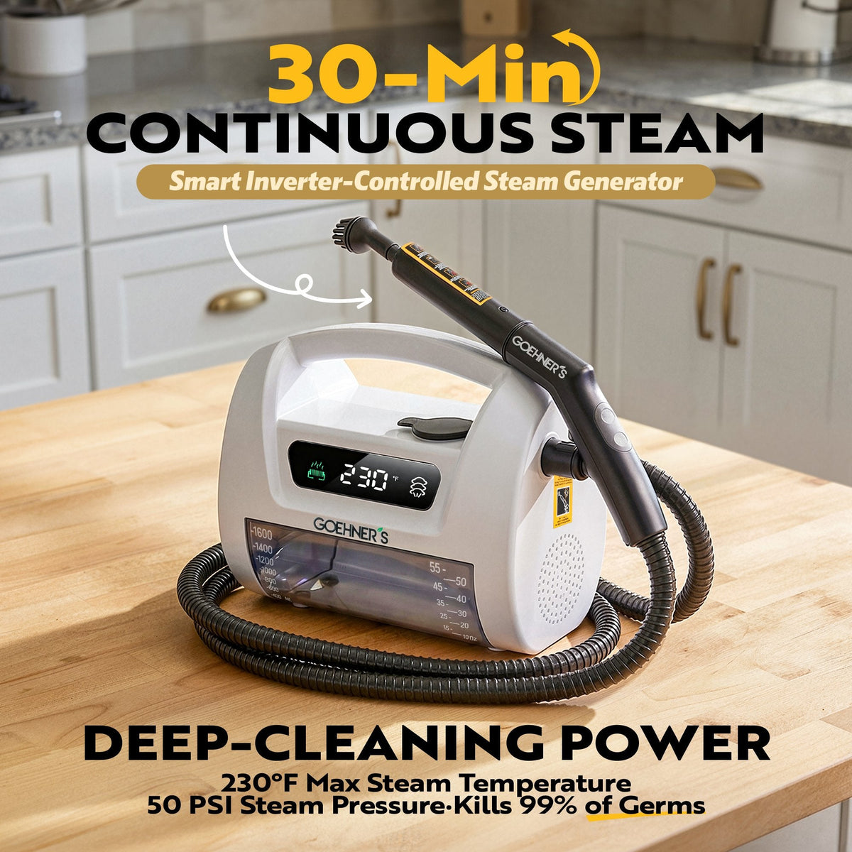 Handheld Steam Cleaner for Kitchen Grease, Range Hood & Stovetop — 230°F Dry Steam (Pearl White)