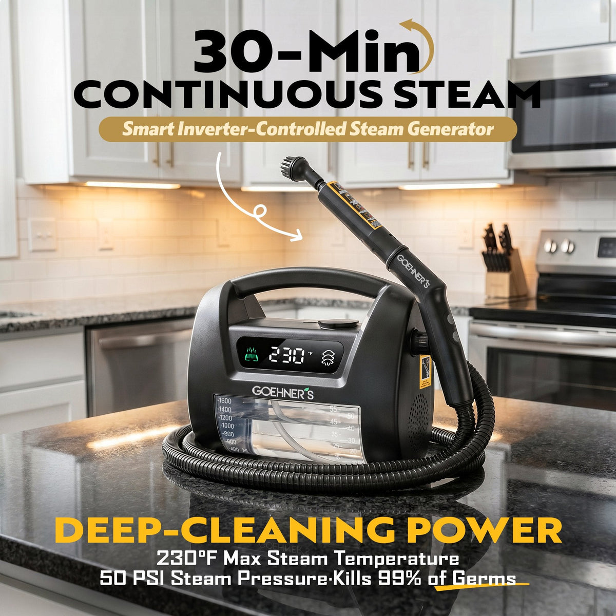 Handheld Steam Cleaner for Kitchen Grease, Range Hood & Stovetop — 230°F Dry Steam (Slate Black)