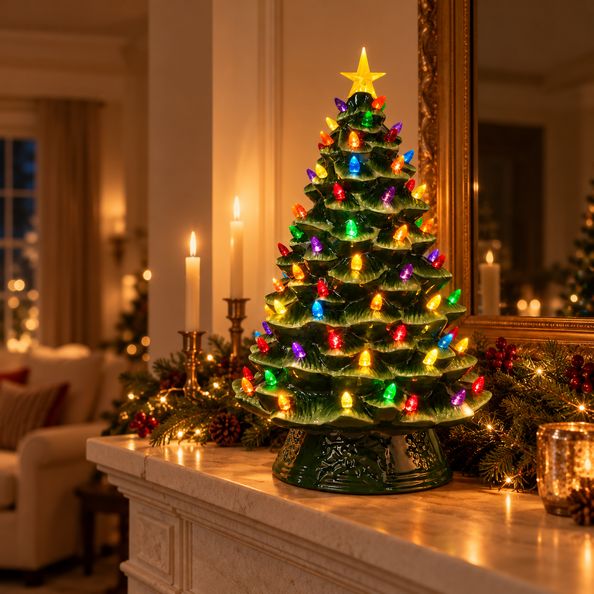 Vintage Ceramic Christmas Tree with Lights – Nostalgic Green Tabletop Tree with Star, 14" or 18"