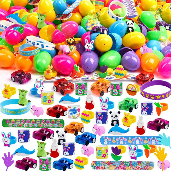 100Pcs Prefilled Easter Eggs With Assorted Toys Plus Stickers Inside for Easter Egg Hunt