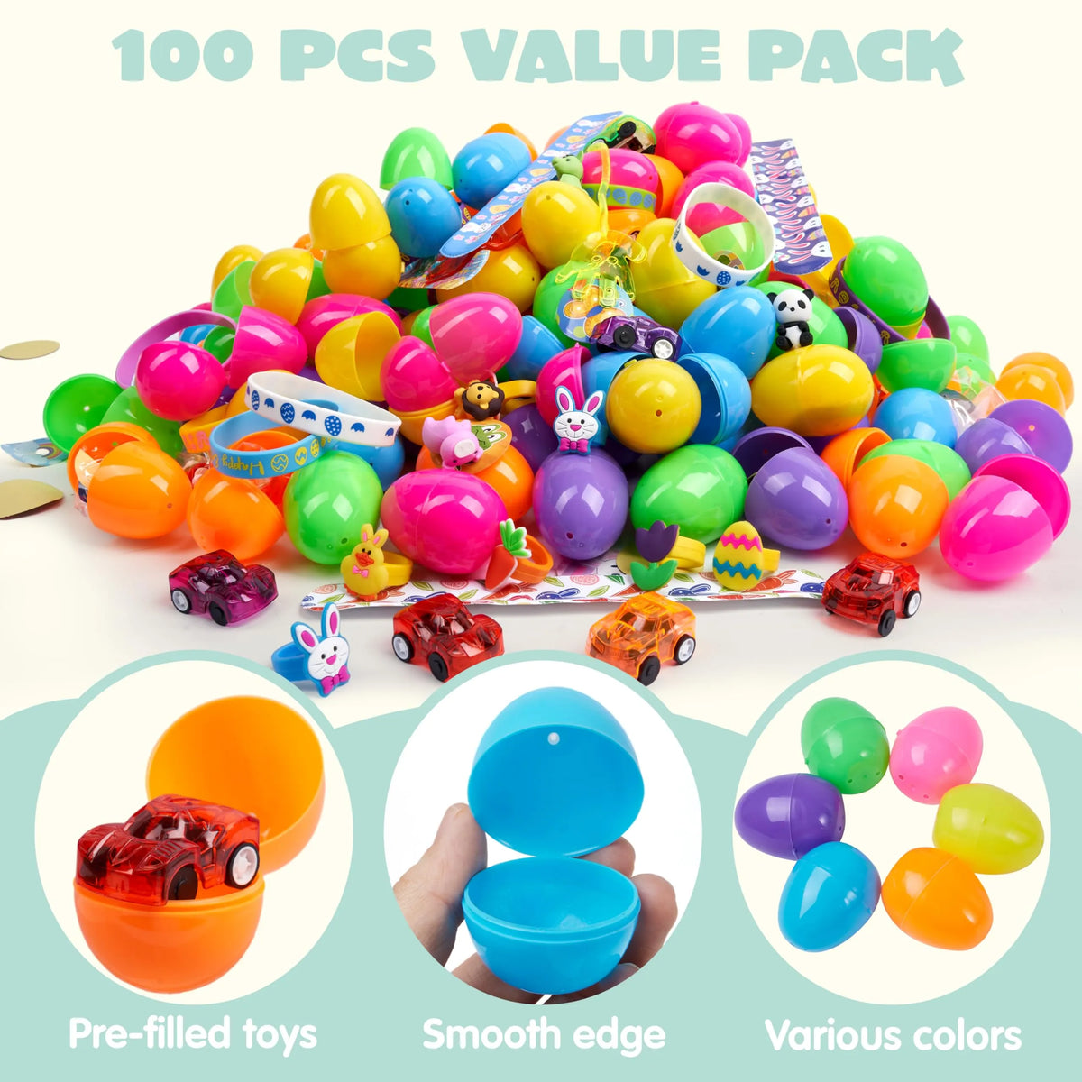 100Pcs Prefilled Easter Eggs With Assorted Toys Plus Stickers Inside for Easter Egg Hunt