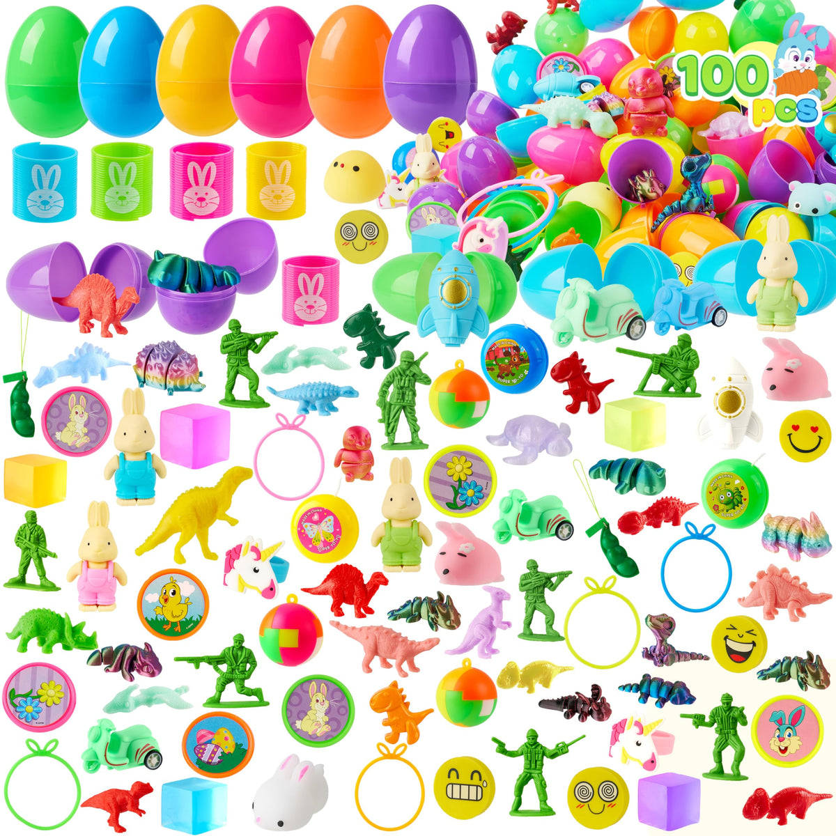 100 Pcs Prefilled Easter Eggs with Assorted Toys for Easter Hunt, Basket Stuffers & Classroom Prizes