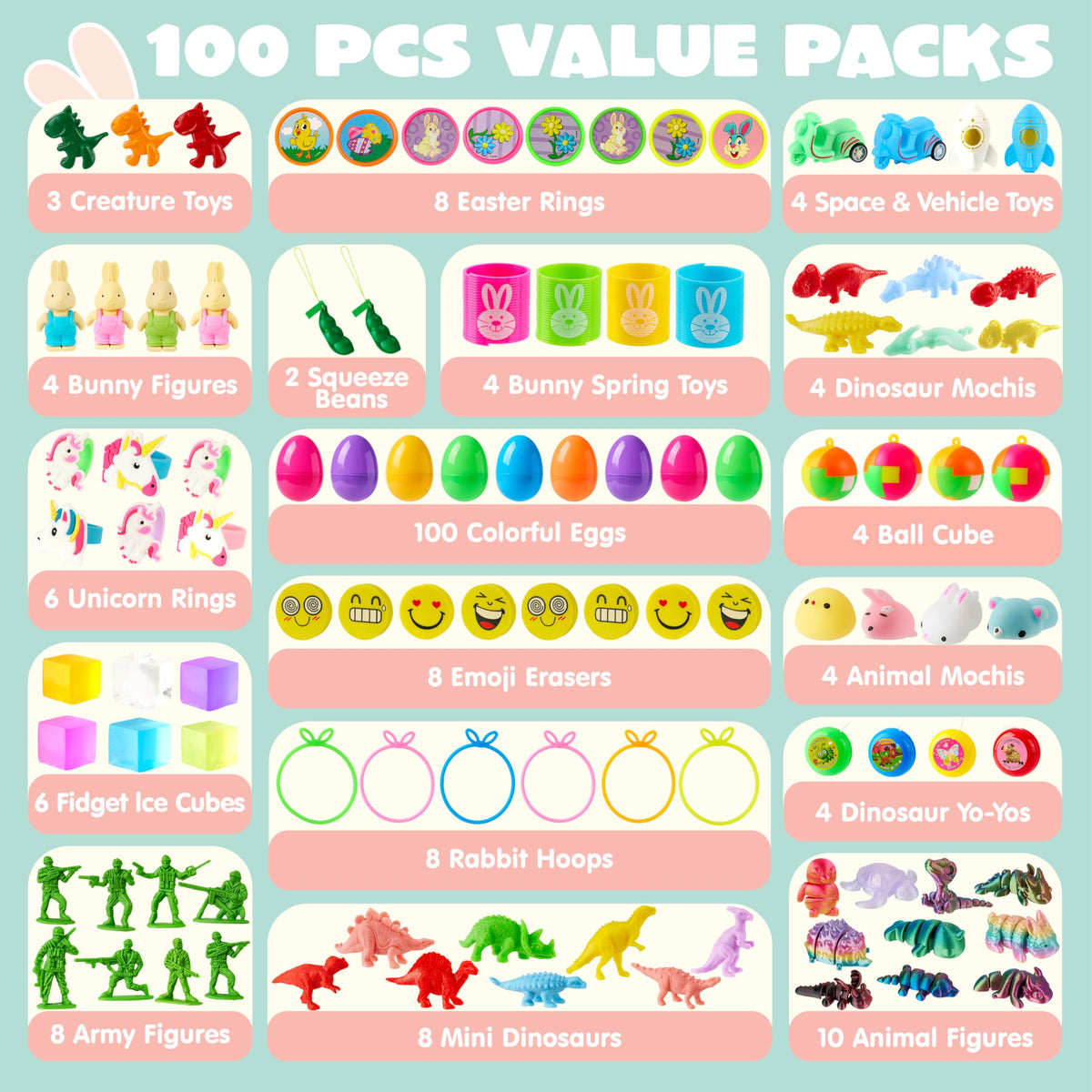 100 Pcs Prefilled Easter Eggs with Assorted Toys for Easter Hunt, Basket Stuffers & Classroom Prizes