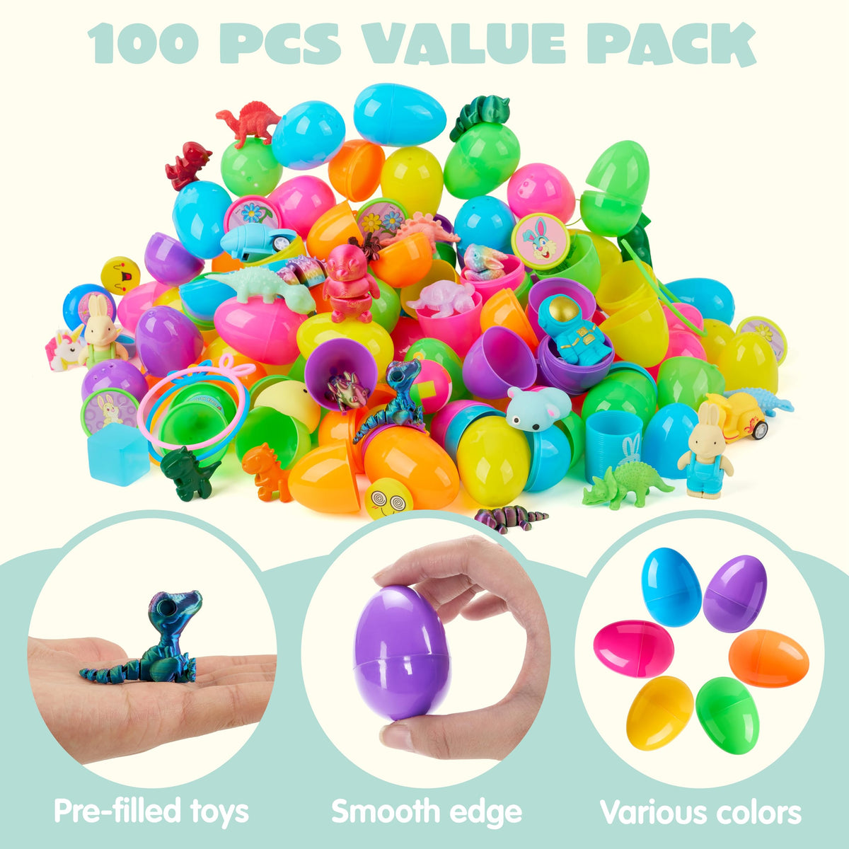 100 Pcs Prefilled Easter Eggs with Assorted Toys for Easter Hunt, Basket Stuffers & Classroom Prizes