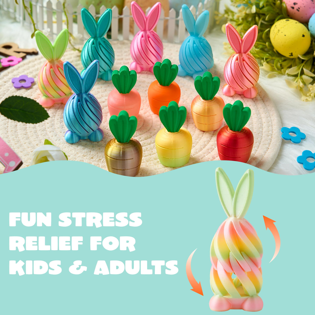 12 Pcs 3D Printed Easter Fidget Toys for Party & Classroom