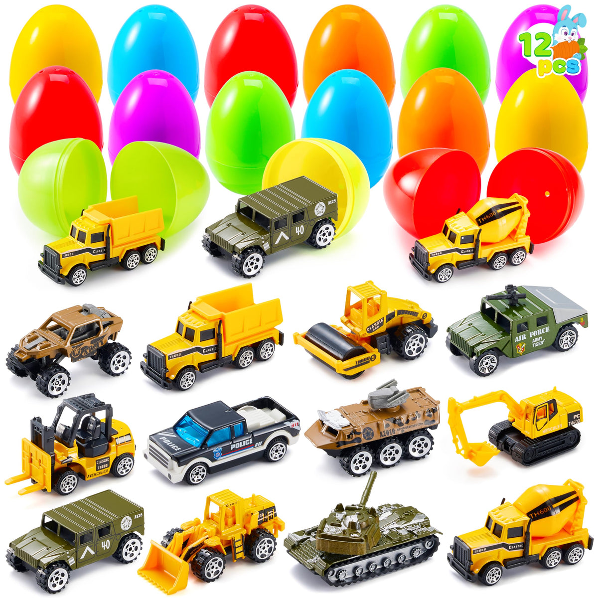 12Pcs Easter Eggs Prefilled with Die-cast Vehicles For Kids Easter Hunt Party Favors