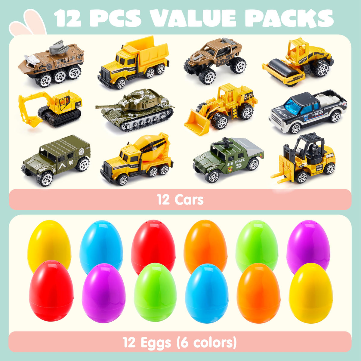 12Pcs Easter Eggs Prefilled with Die-cast Vehicles For Kids Easter Hunt Party Favors