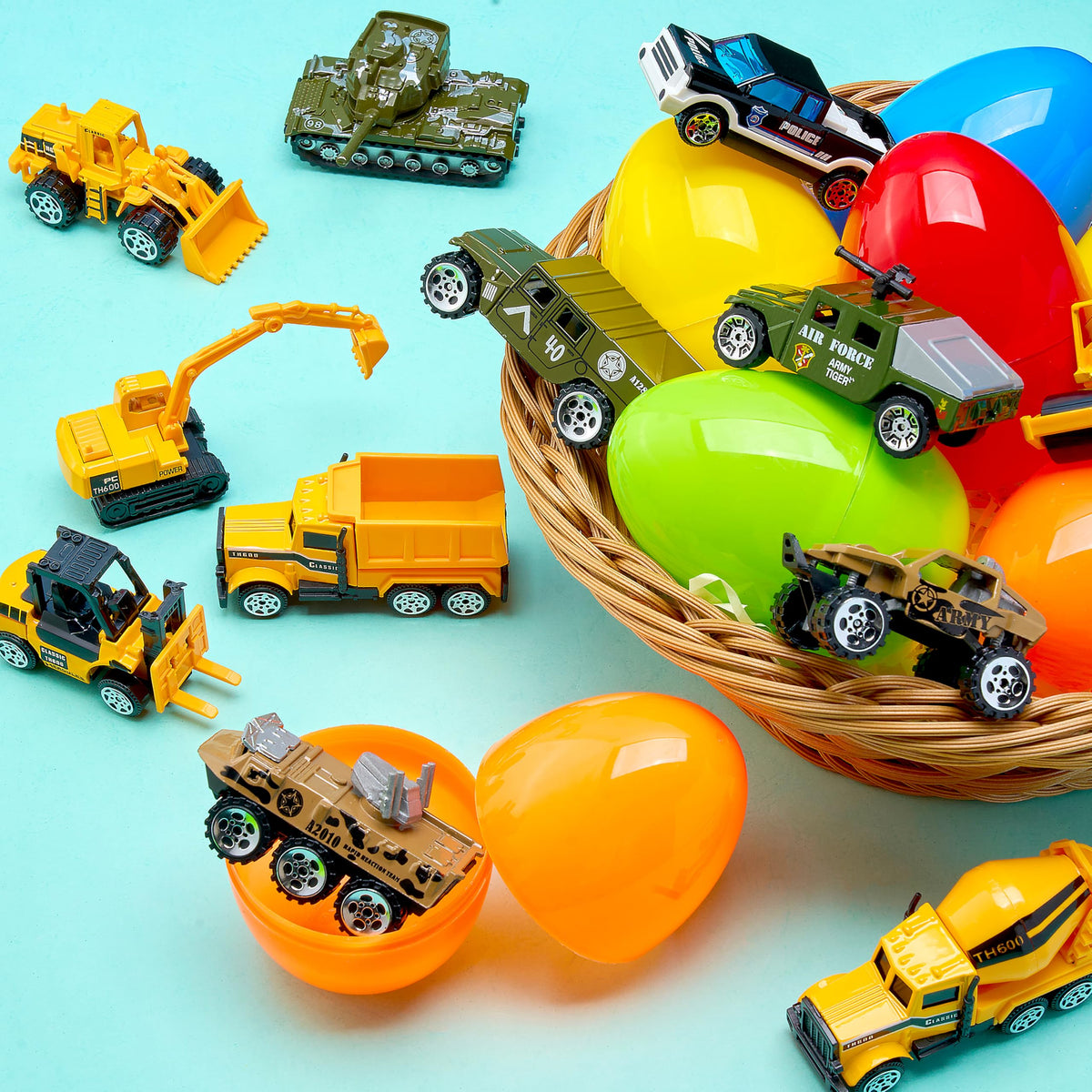12Pcs Easter Eggs Prefilled with Die-cast Vehicles For Kids Easter Hunt Party Favors