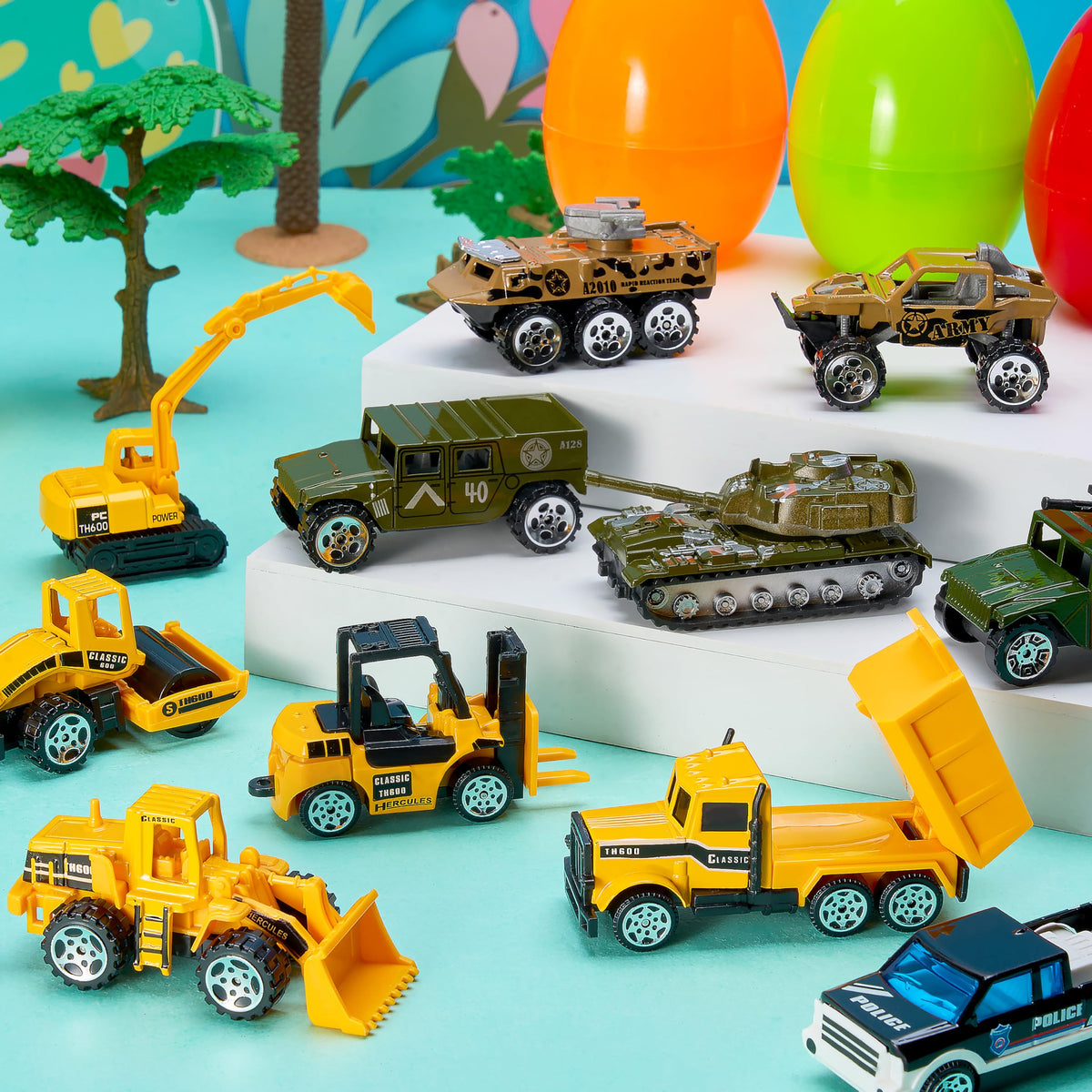 12Pcs Easter Eggs Prefilled with Die-cast Vehicles For Kids Easter Hunt Party Favors