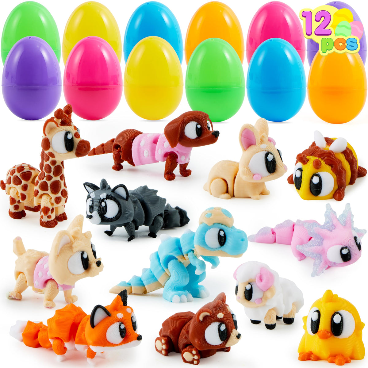 12Pcs  Eggs Prefilled with 3D Printed Big Eye Animal Toys For Kids Party Favors