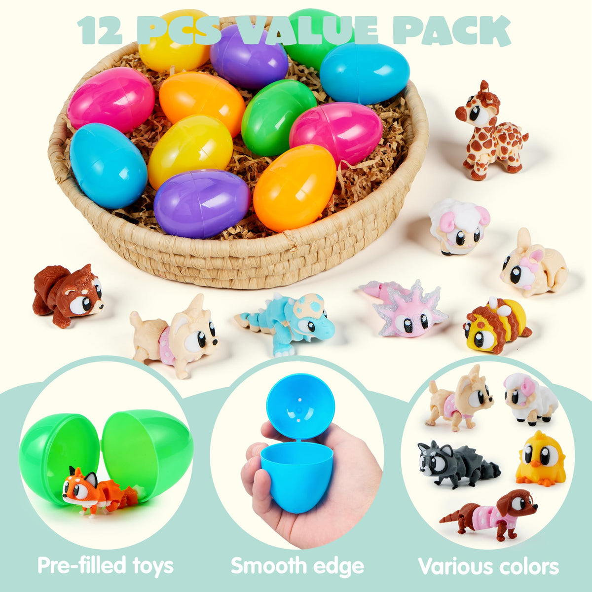 12Pcs  Eggs Prefilled with 3D Printed Big Eye Animal Toys For Kids Party Favors