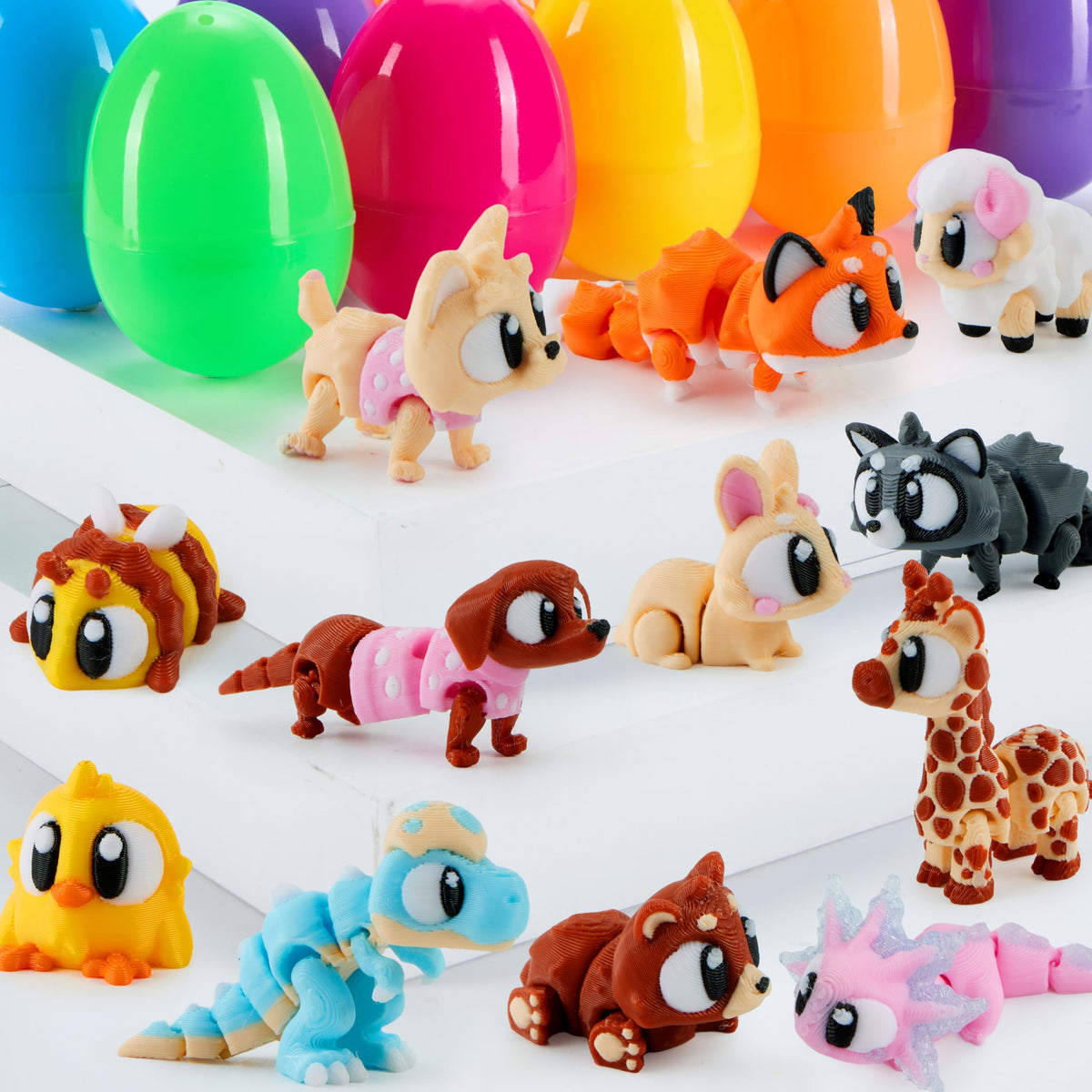 12Pcs  Eggs Prefilled with 3D Printed Big Eye Animal Toys For Kids Party Favors